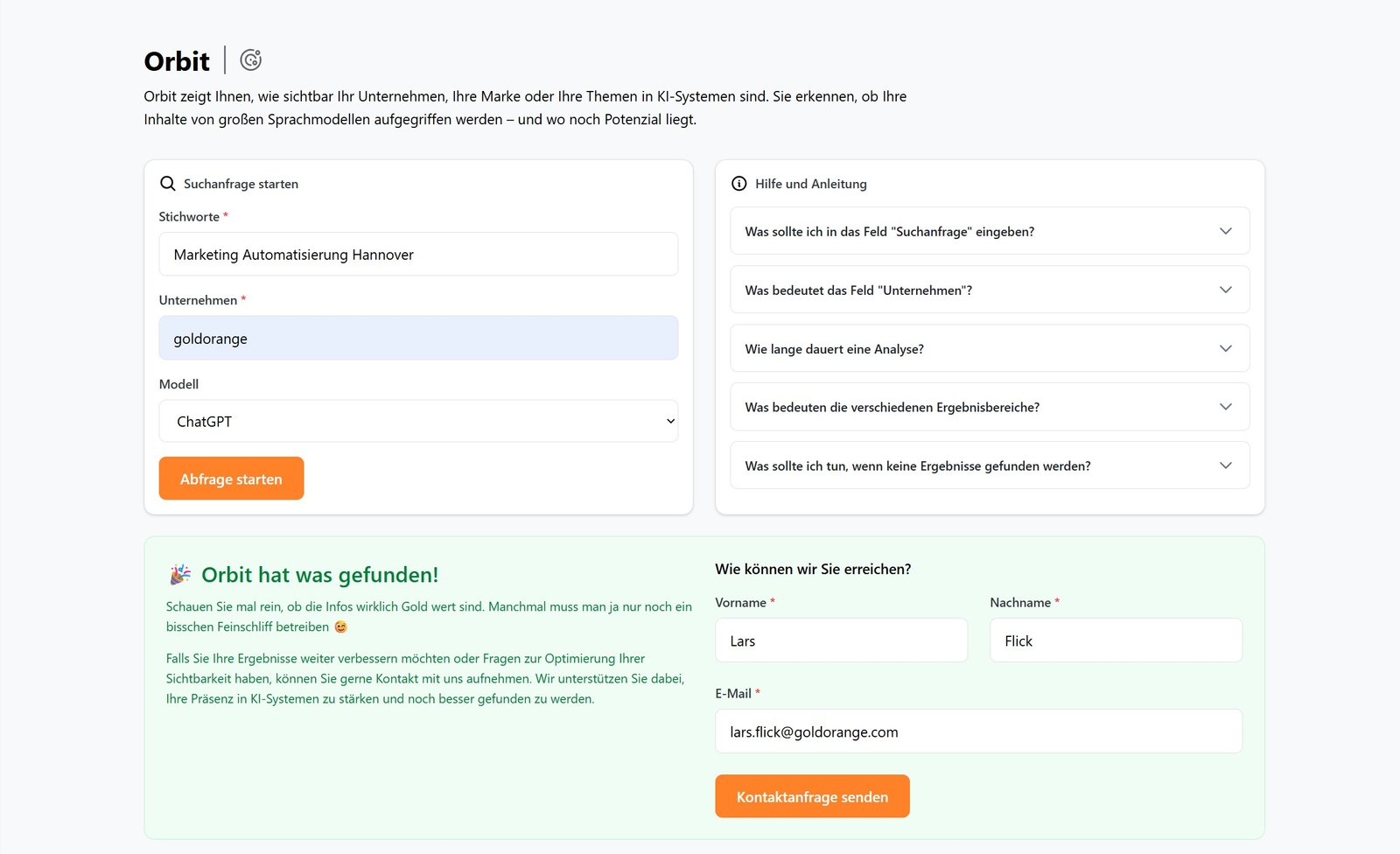 Kostenloser LLM-Sichtbarkeits-Check mit ORBIT: Eingabe & Ergebnis