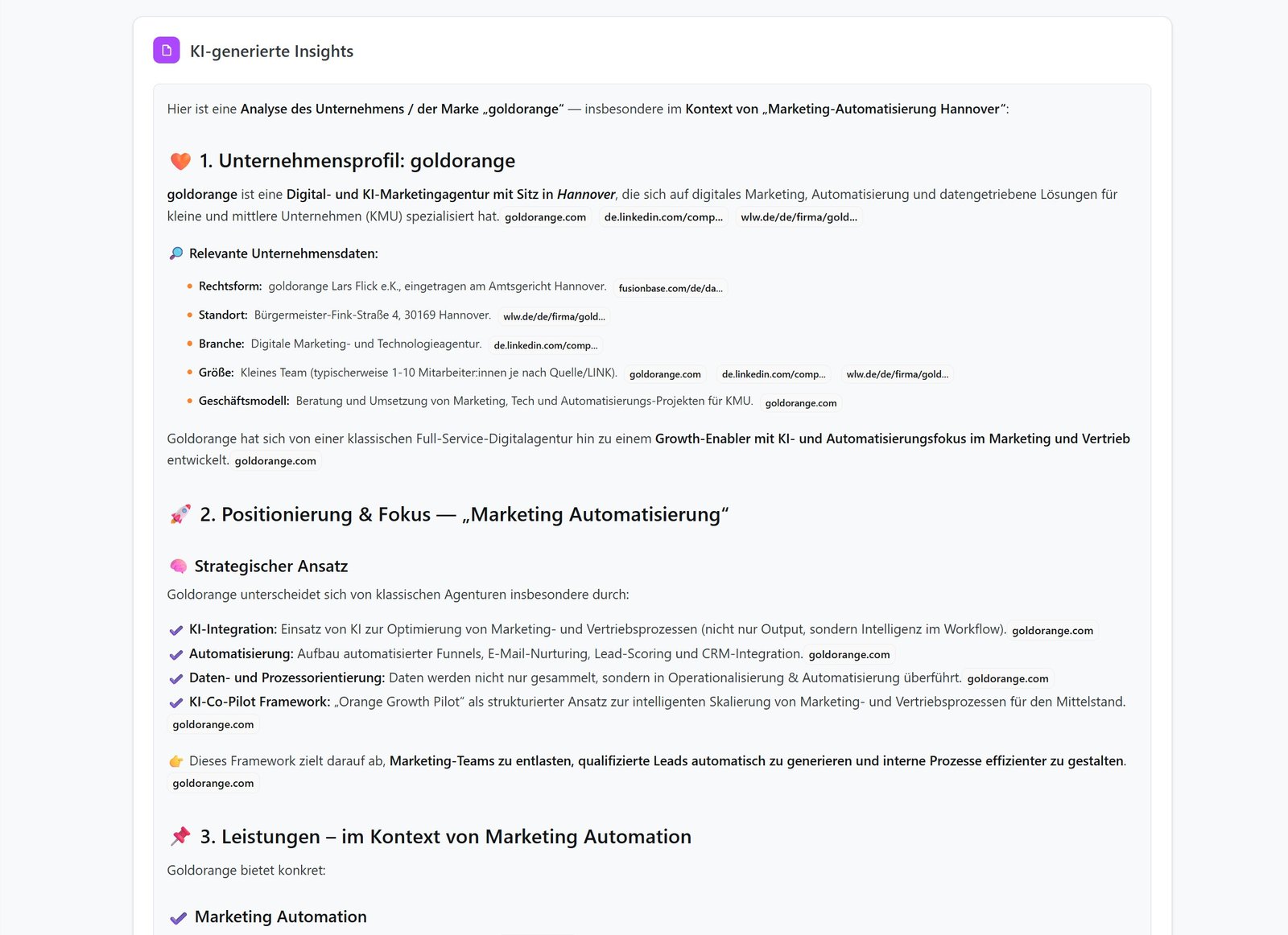 ORBIT liefert strukturierte KI-Insights zu Positionierung, Leistungen und Kontext Ihrer Marke – verständlich aufbereitet und strategisch einordbar.